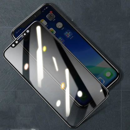 Tempered glass privacy film for Apple iPhone with anti-glare and fingerprint resistant coating on dark surface background