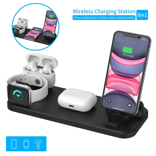 Black multifunctional wireless charging station for iPhone, Apple Watch, and AirPods with LED indicators and multiple device slots
