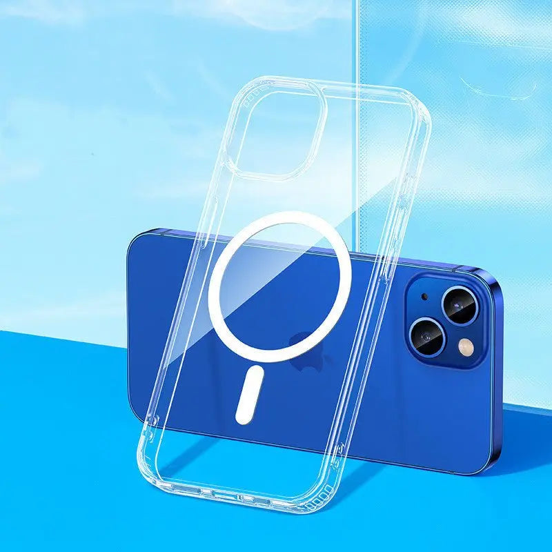 Transparent magnetic airbag phone case designed for iPhone 13 with MagSafe anti-fall protection features