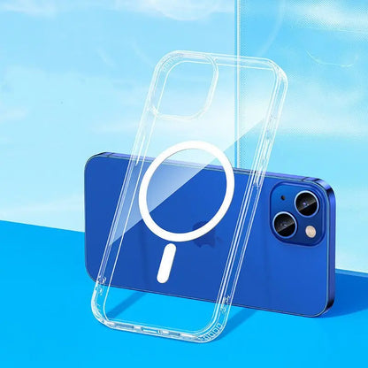 Transparent magnetic airbag phone case designed for iPhone 13 with MagSafe anti-fall protection features