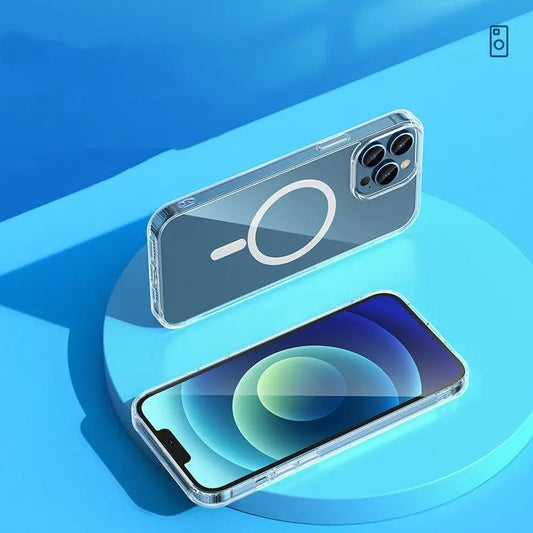 Clear MagSafe compatible transparent case with magnetic airbag protection for iPhone 13 shown from front and back views