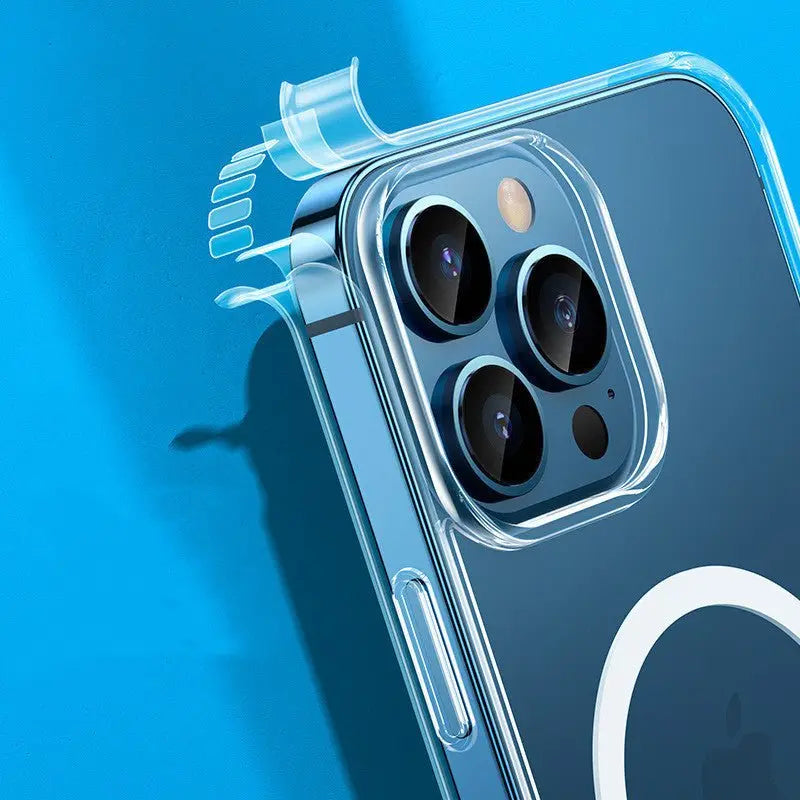 Close-up of transparent iPhone 13 case with MagSafe magnetic airbag protection on blue background