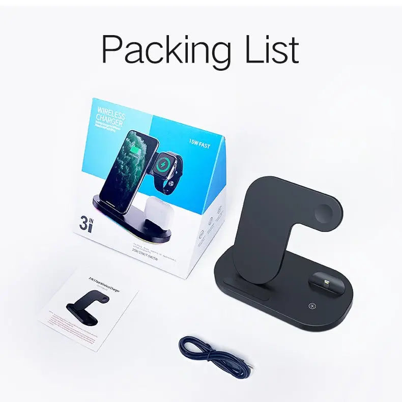 Packing list display of black 3 in 1 wireless charging station with packaging box, user manual, and charging cable on white background