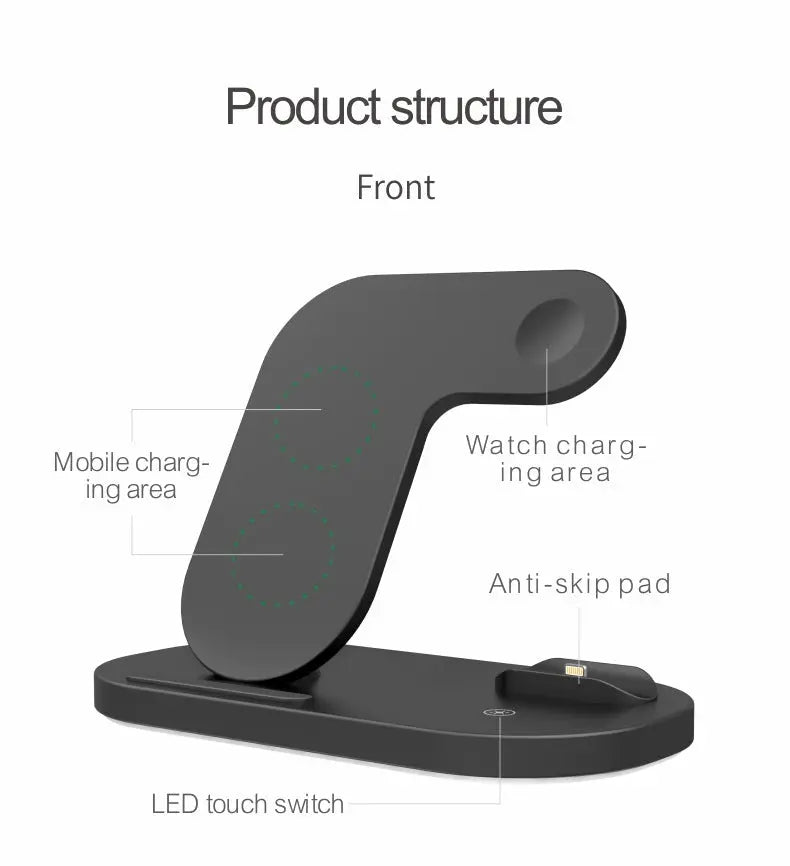 Front view of black 3-in-1 wireless charging station with mobile, watch charging areas, and LED touch switch