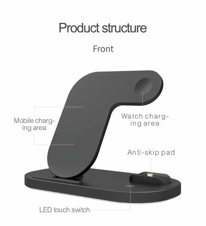 Front view of black 3-in-1 wireless charging station with mobile, watch charging areas, and LED touch switch