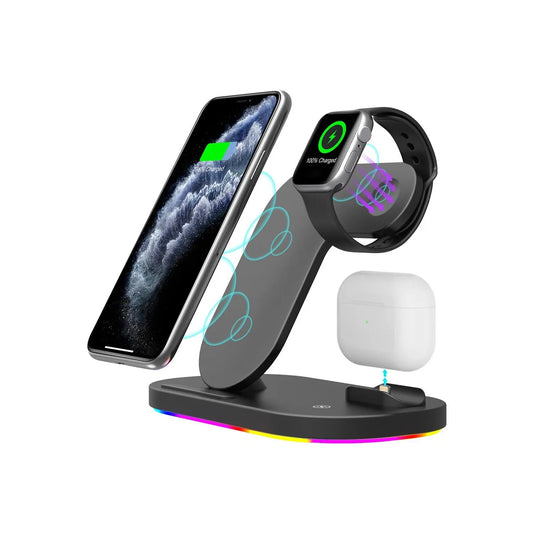 Black 3-in-1 wireless fast charging station with iPhone, Apple Watch, and AirPods charging simultaneously on one stand