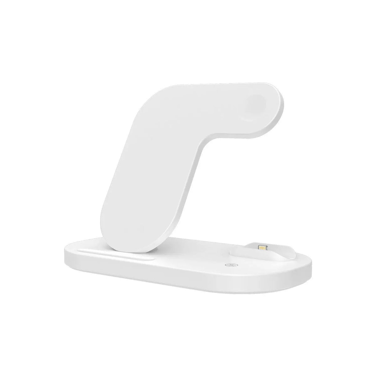 White 3-in-1 foldable wireless charging station compatible with iPhone, AirPods Pro, and Apple Watch.