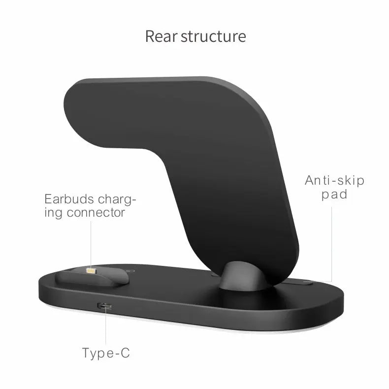 Rear view of black 3-in-1 wireless charging station showing Type-C port, earbuds charging connector, and anti-skip pad
