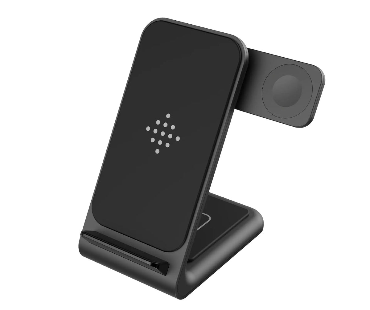 Black fast wireless charger three-in-one bracket with angled design and built-in charging pads for multiple devices