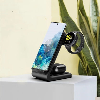 Black fast wireless charger three-in-one bracket charging smartphone, smartwatch, and wireless earbuds on a white surface