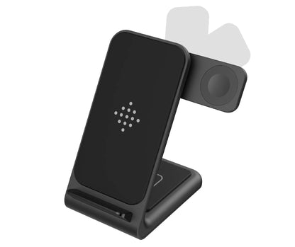Black fast wireless charger three-in-one bracket with angled phone stand and side magnetic watch charger dock
