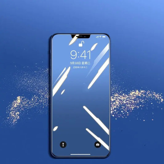 Front view of iPhone with Compatible Tempered Glass Screen Protector on reflective blue surface with scattered light particles