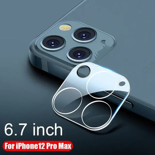 Transparent tempered glass camera lens protector for iPhone 12 Pro Max with precise cutouts and edge-to-edge coverage