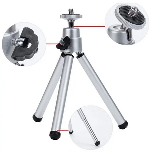 Silver universal mini flexible tripod stand with adjustable screw mount and rubberized feet for cameras and camcorders