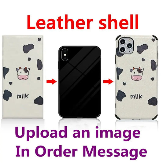 Customizable leather phone case with cute cow pattern and milk text for various mobile phone models