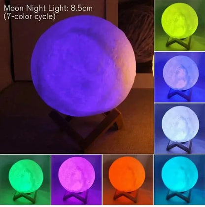 D5 Starry Moon Lamp 8.5cm LED night light with wooden stand showing multiple colors in dark room setting