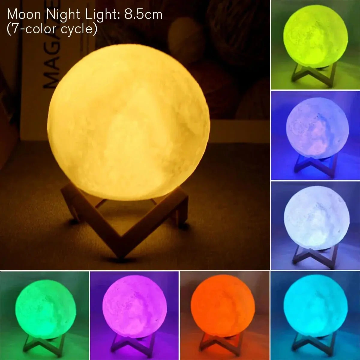 D5 Starry Moon Lamp 8.5cm LED night light showing 7 color cycle with wooden stand for bedroom decor and gifts