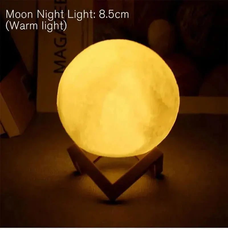 D5 Starry Moon Lamp 8.5cm glowing warm yellow light on wooden stand for bedroom decor and night ambiance