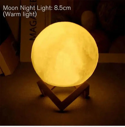 D5 Starry Moon Lamp 8.5cm glowing warm yellow light on wooden stand for bedroom decor and night ambiance