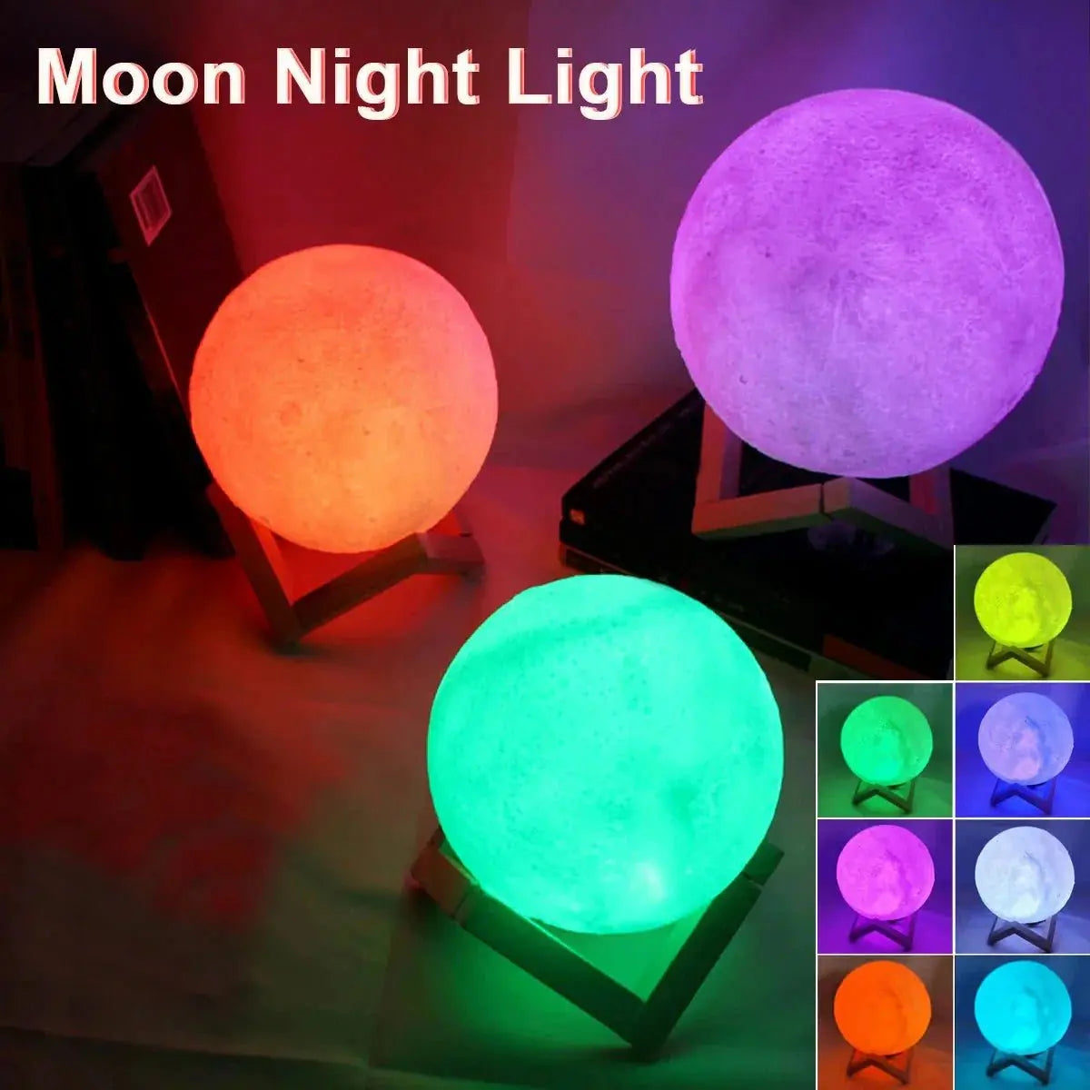 Three D5 Starry Moon Lamps in orange, purple, and green LED colors on wooden stands with multi-color options displayed.