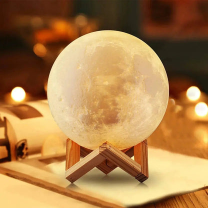 D5 Starry Moon Lamp 8cm glowing softly on wooden stand with warm ambient lighting in cozy room setting
