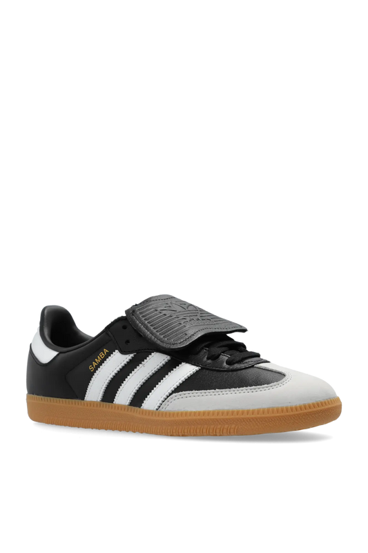 Black and white Adidas Samba LT men's sneakers with gum sole and fold-over tongue showing side profile