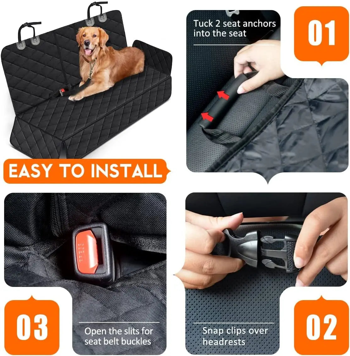 Dog car seat cover showing easy installation steps with clips over headrests, anchors, and seat belt slits in black quilted fabric