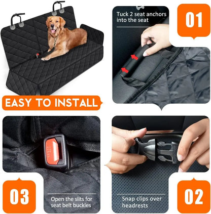 Dog car seat cover showing easy installation steps with clips over headrests, anchors, and seat belt slits in black quilted fabric