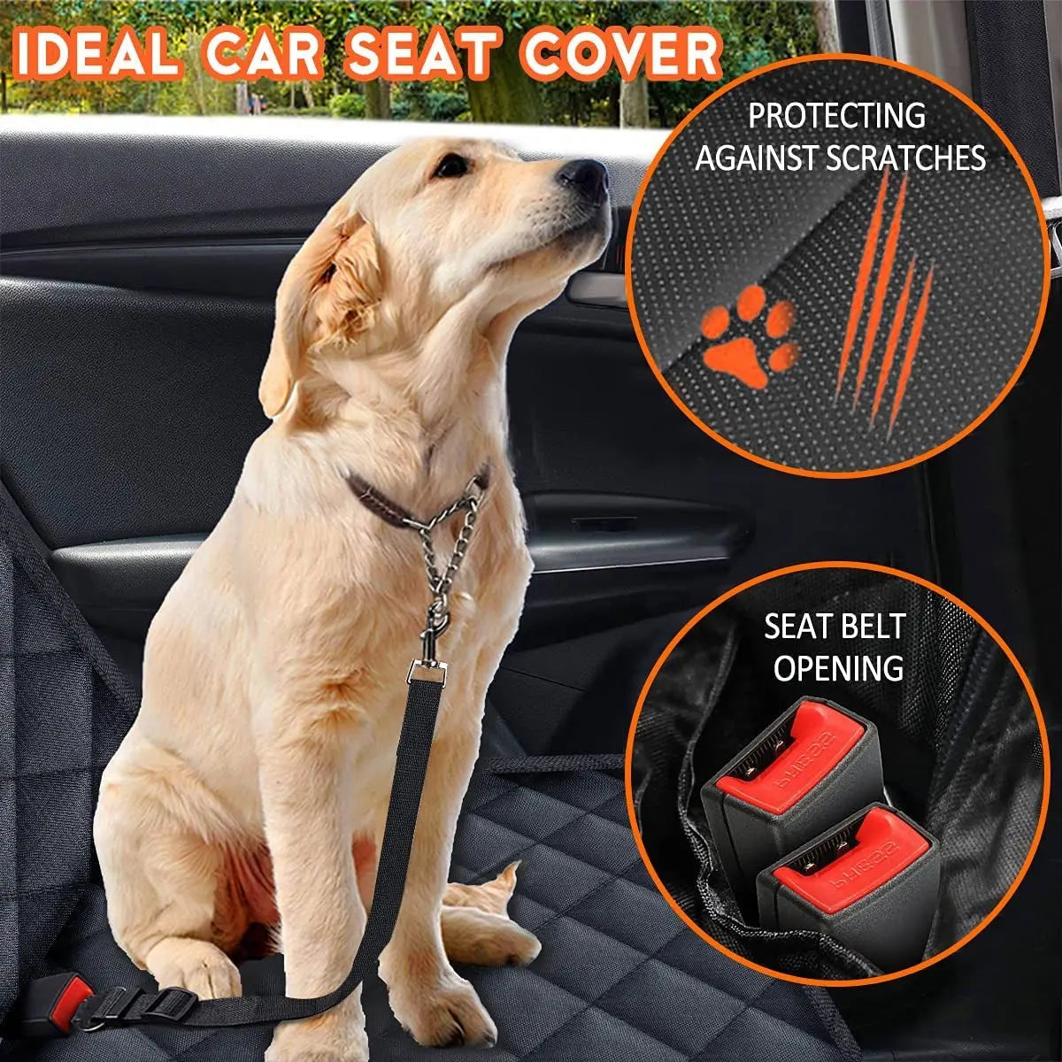 Golden retriever sitting on black waterproof dog car seat cover with quilted texture and seat belt openings