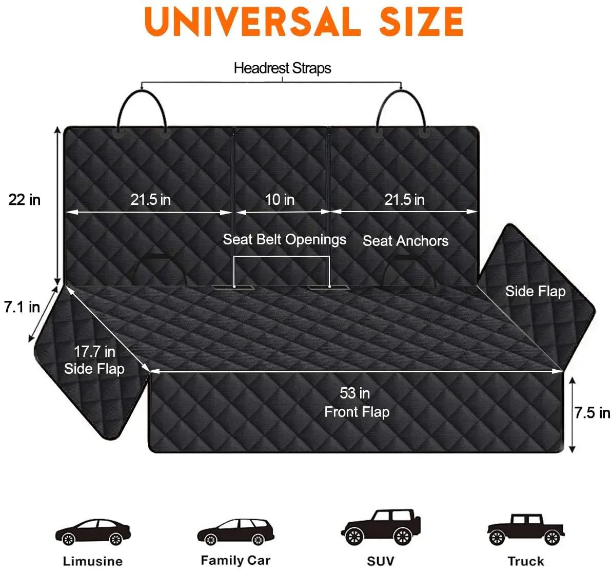 Black quilted waterproof dog car seat cover with universal size dimensions and side flaps for cars, SUVs, and trucks