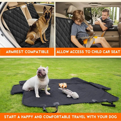 Black waterproof dog car seat cover installed in back seat with armrest compatible and child seat access features displayed