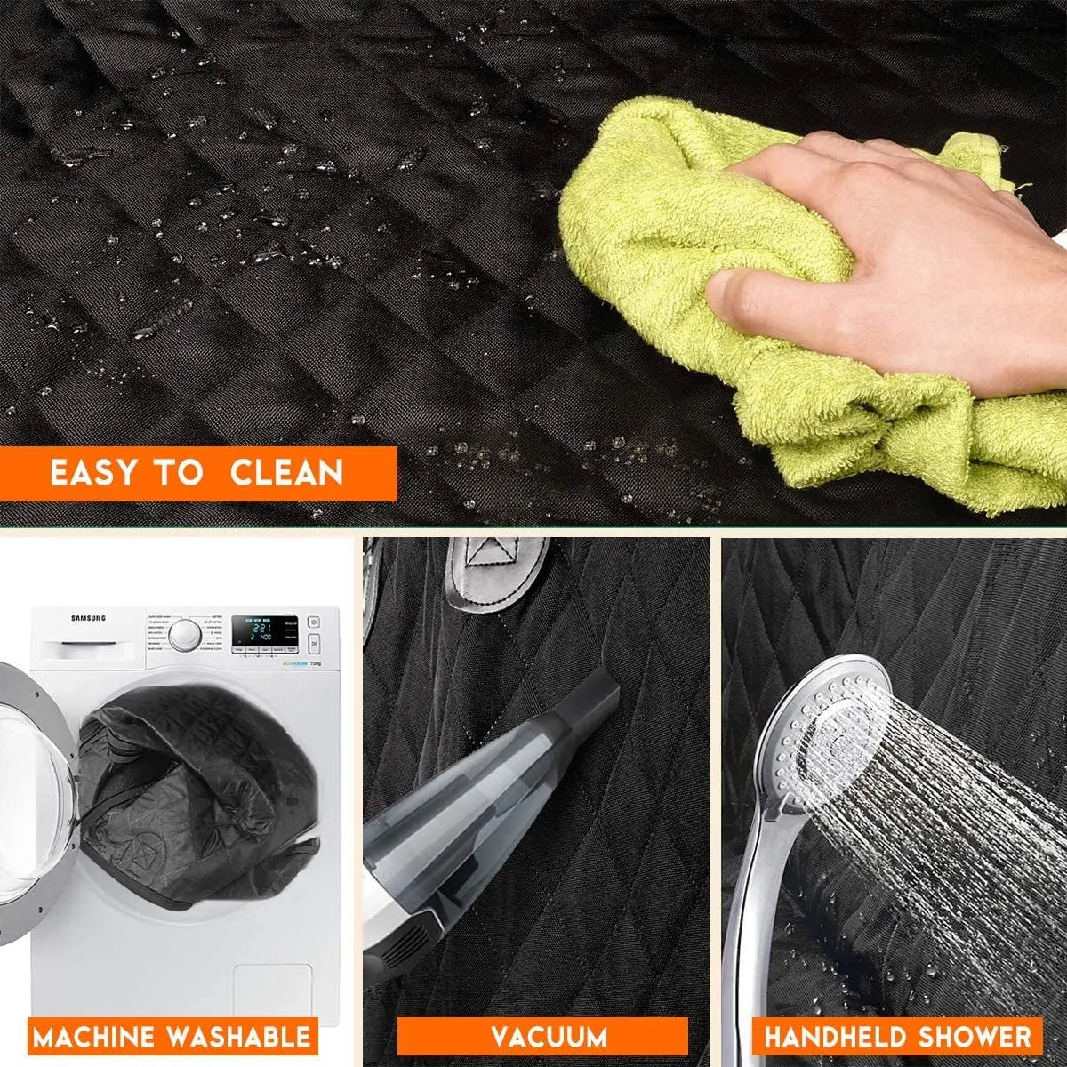 Close-up of black quilted waterproof dog car seat cover being wiped clean with green cloth, showing easy maintenance features
