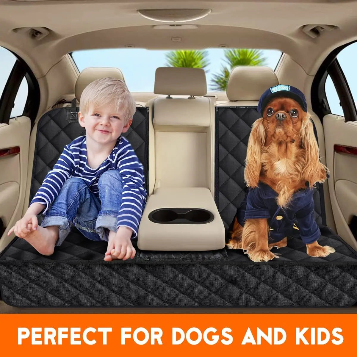 Back view of black quilted waterproof dog car seat cover protecting rear bench with child and dog seated