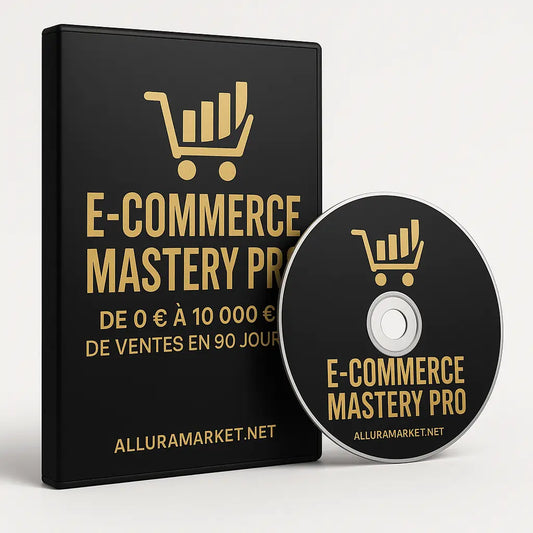 Black DVD case and disc for E-Commerce Mastery Pro featuring gold shopping cart and bar chart logo and product title text