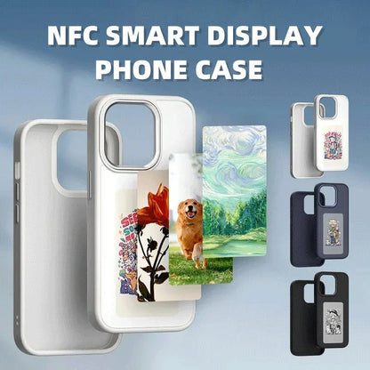 NFC smart display phone cases in white, navy, and black with customizable digital art screen projection designs