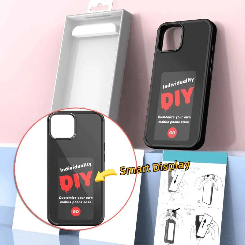 Black E-ink screen phone case with customizable DIY smart display and open white packaging box behind