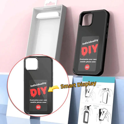 Black E-ink screen phone case with customizable DIY smart display and open white packaging box behind