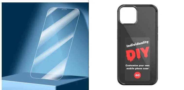 Black personalized DIY phone case with bold red and white text promoting custom mobile cover creation