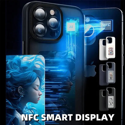 Close-up of black E-ink screen phone case showing NFC technology and customizable unlimited screen projection design options
