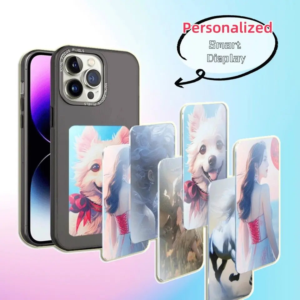Black luxury phone case with e-ink screen displaying personalized colorful images and smart projection features