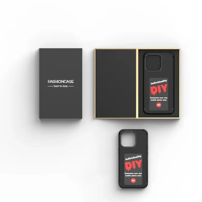 Black DIY customizable phone case displayed inside and outside minimalist black and beige fashion case box packaging
