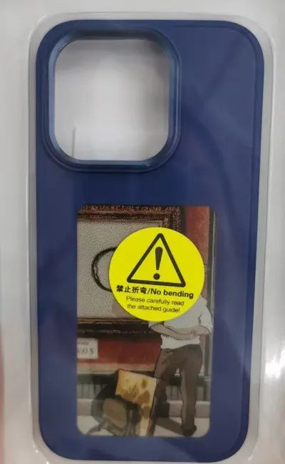 Blue E-ink screen phone case with large camera cutout and warning sticker against bending on front display panel