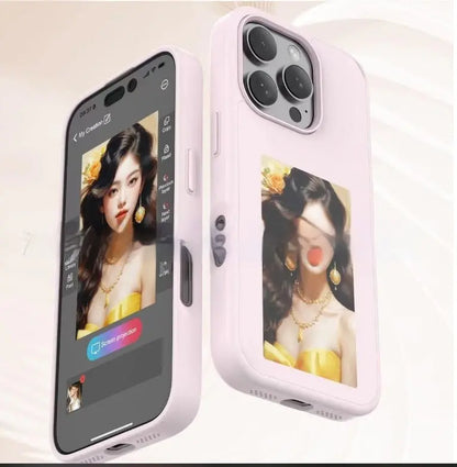 Pink E-ink screen phone case showing full-color portrait projection on front and back with camera cutout design