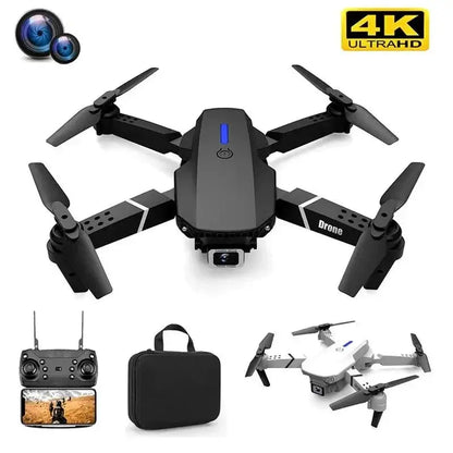 Black E88 Pro foldable quadcopter drone with 4K HD camera, remote control, and carrying case on white background