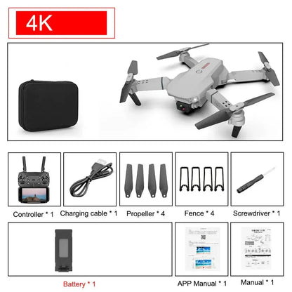 Folded E88 Pro drone with 4K camera, remote controller, charging cable, propellers, and accessories displayed on white background