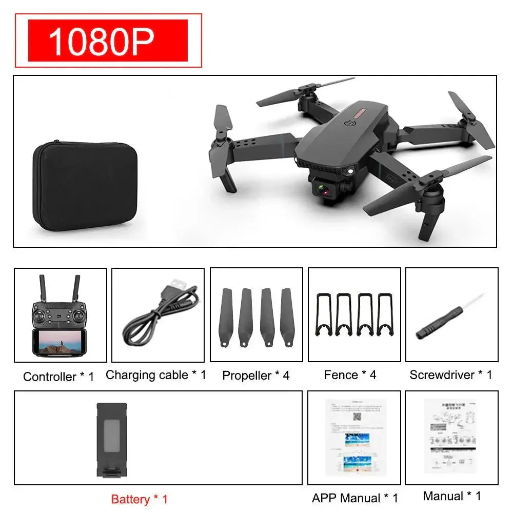 E88 Pro foldable quadcopter drone with remote, charging cable, propellers, screwdriver, battery, manuals, and carrying case displayed