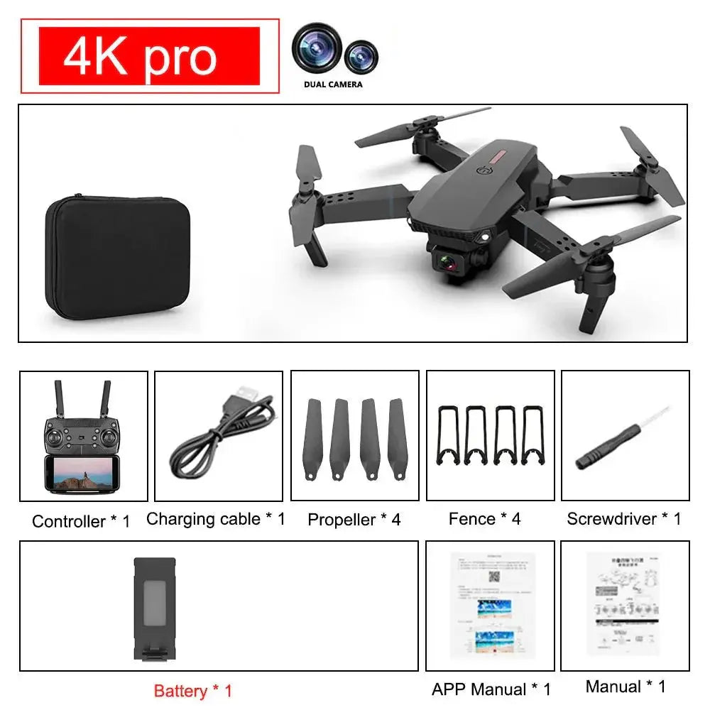 E88 Pro foldable quadcopter drone with dual 4K cameras, remote controller, propellers, battery, and carrying case accessories