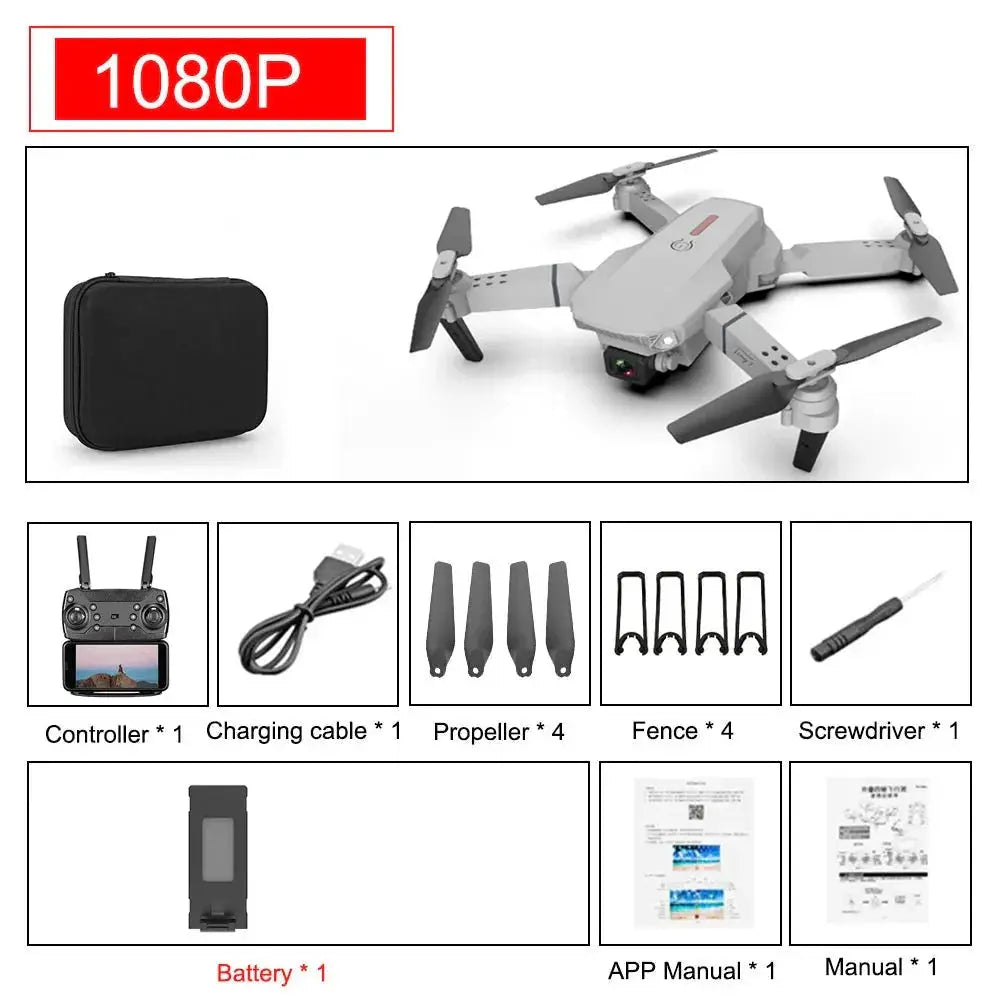 Folded grey E88 Pro quadcopter drone with controller, charging cable, propellers, screwdriver, battery, case, and manuals displayed