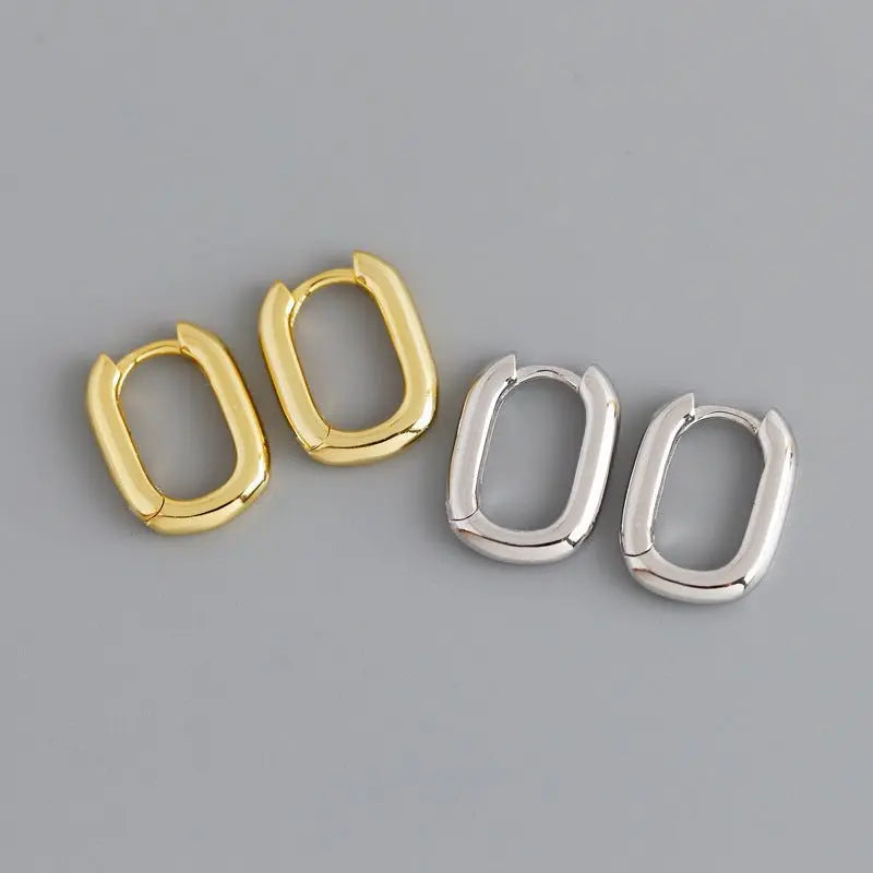 Pair of Korean style geometric oval hoop earrings in gold-plated and silver 925 sterling with cold wind retro design