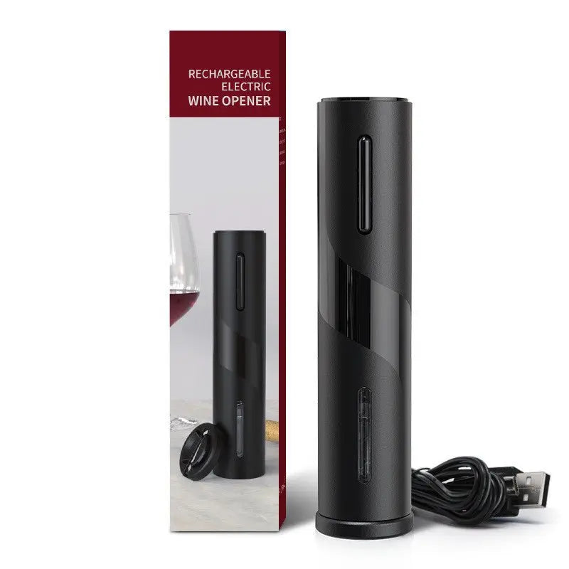 Black USB rechargeable electric wine bottle opener with sleek cylindrical design and spiral corkscrew visible inside